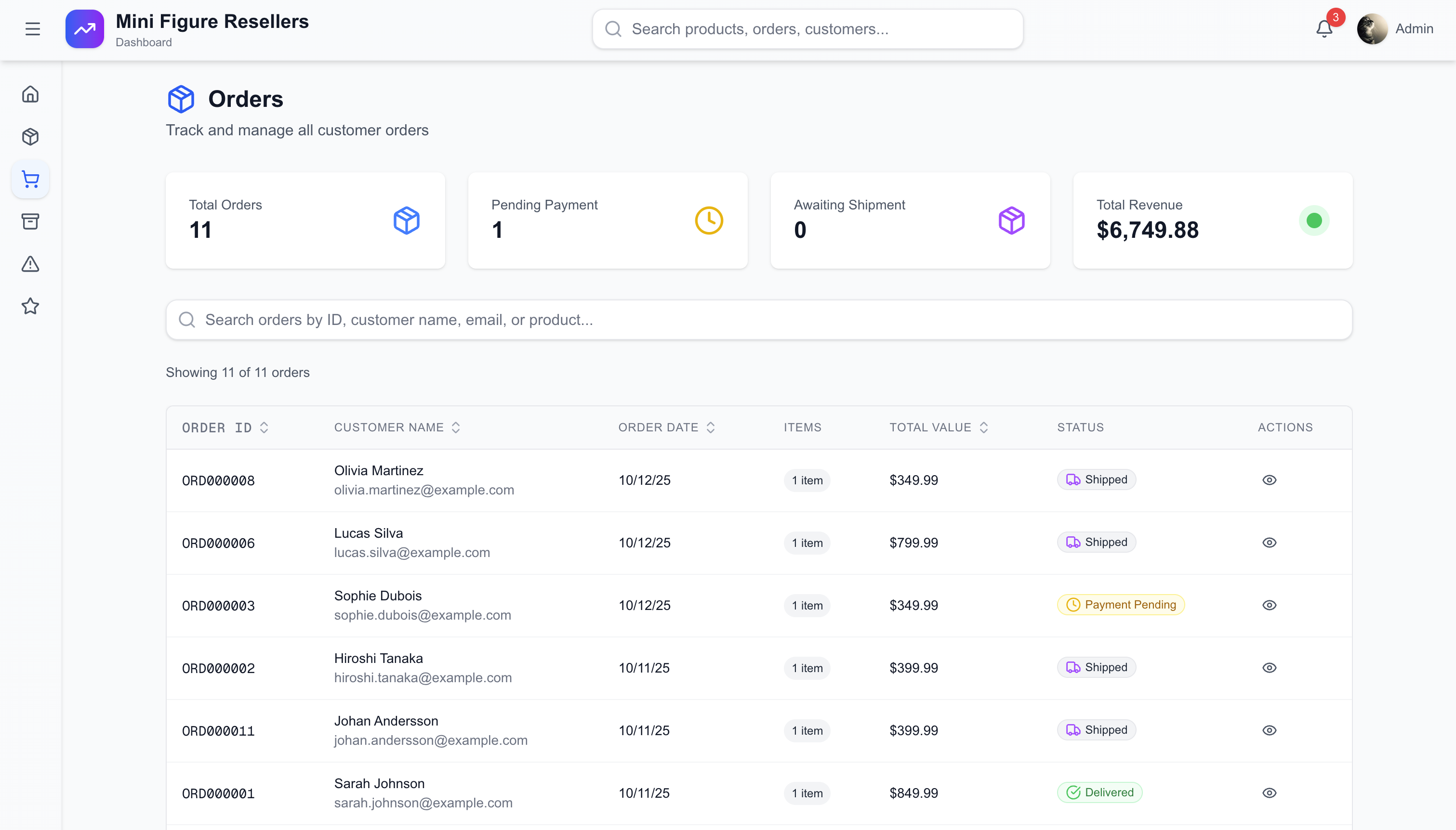 Order management dashboard displaying all client orders with status indicators, values, dates, and quick-action modification buttons